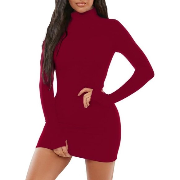 Women's Burgundy Mock Neck Cocktail Pencil Bodycon Long Sleeve Night Dresses - Picture 2 of 5